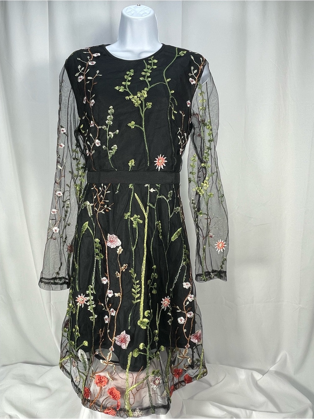 Black Floral Embroidered Dress w/elastic waist & zip back. Vibrant & whimsical